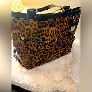 Dooney & Bourke Double Zip Leopard Animal Print Patent Leather Tote Bag.